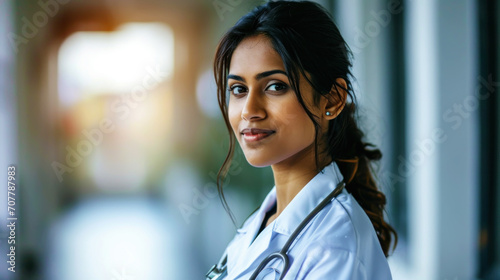 Portrait of smiling young Indian female doctor with copy space. Healthcare concept. Generative AI