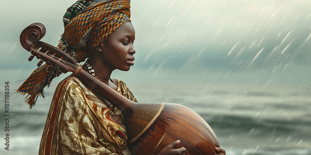 African Woman in Traditional Attire Playing Kora in the Rain. Generative ai - obrazy, fototapety, plakaty 