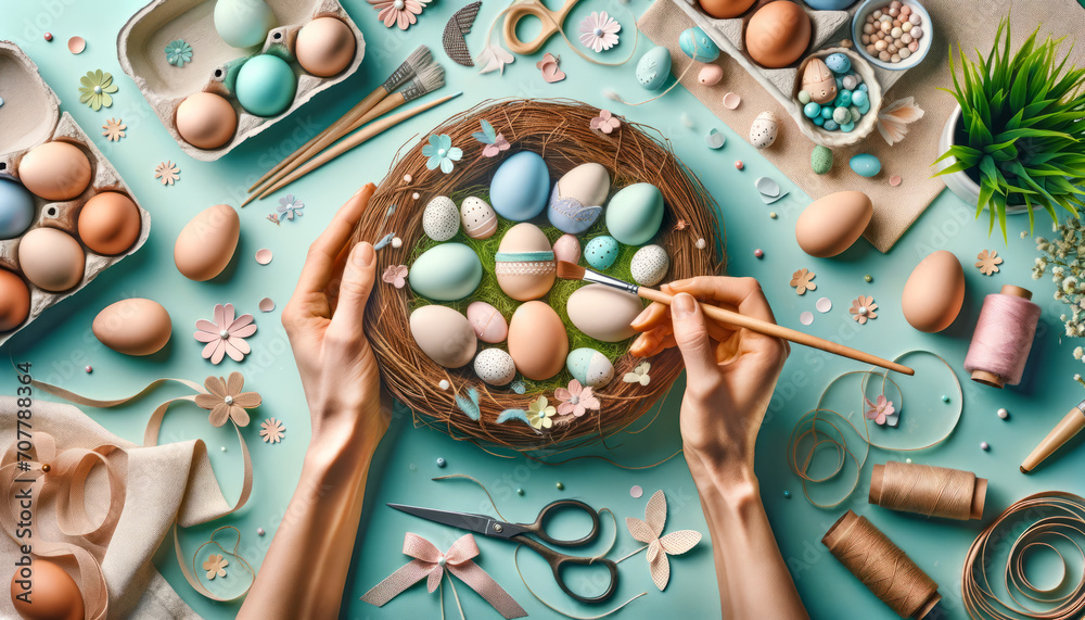 Artisanal Easter art: Crafting Pastel Perfection showing basket, eggs, paint, decoration for easter preparation. illustrative