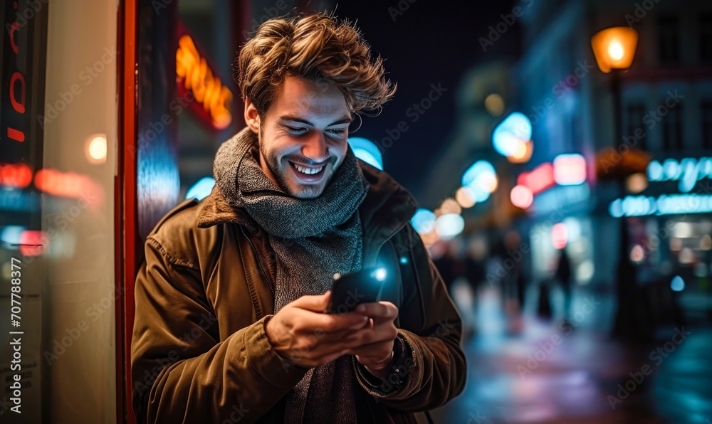 Obraz premium Young man enjoying his smartphone at night, illuminated by the warm glow of city lights, reflecting joy and modern urban connectivity