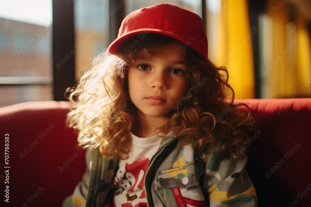 Portrait of a cute little girl with curly hair in a red cap and jacket. Portrait of a cute little girl with curly hair in a red cap and jacket.