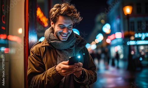 Young man enjoying his smartphone at night, illuminated by the warm glow of city lights, reflecting joy and modern urban connectivity © Bartek