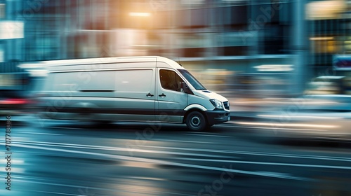 Speeding Delivery Van in Urban Cityscape. Generative ai © Scrudje