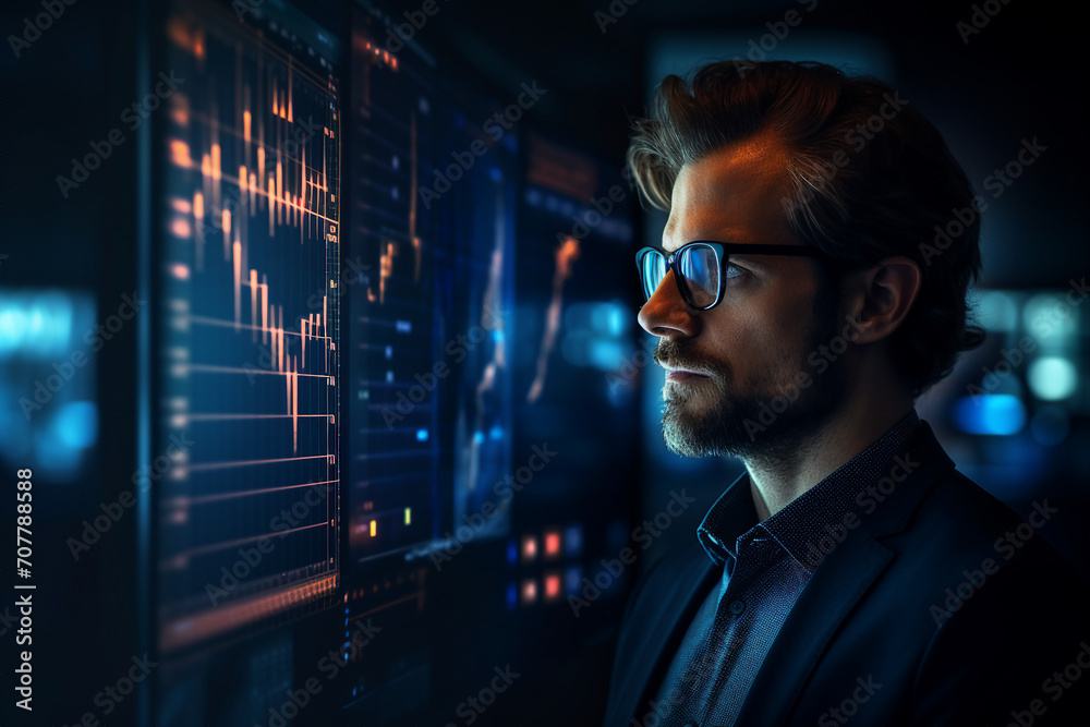 Fototapeta premium Secret hacker organization workplace data IT specialist near big screen with code Generative AI