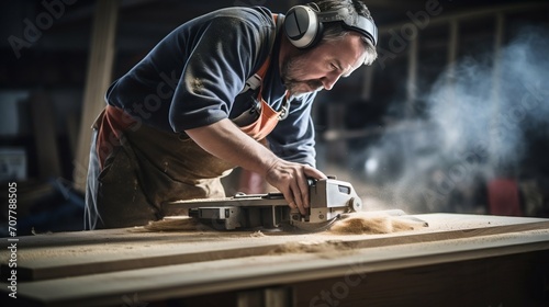 Skilled Carpenter at Work in a Dusty Workshop. Generative ai