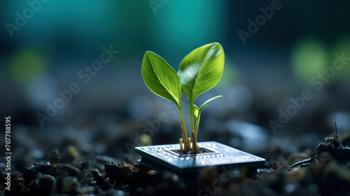 Green Seedling Growing from Computer Chip