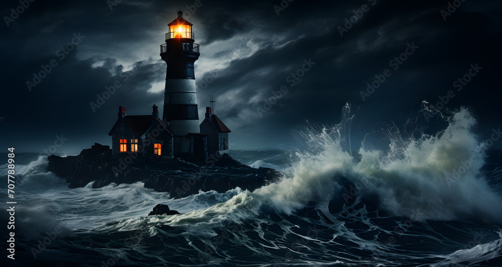 a white lighthouse surrounded by ocean waves