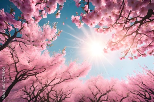 Spring border or background art with pink blossom. Beautiful nature scene with blooming tree and sun flare 3d render