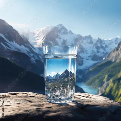 a glass of clean water against the background of mountains