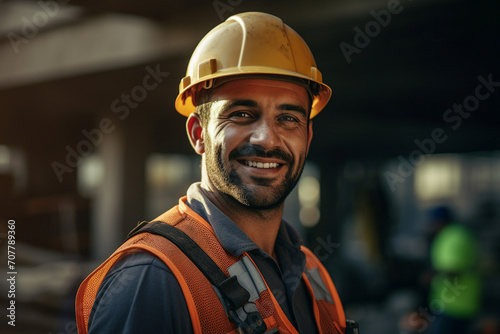 Portrait of a professional factory worker wearing hard hat and work clothes made with generative ai