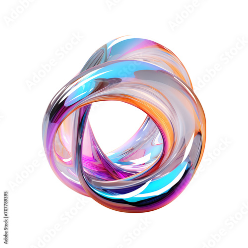 Lridescence colorful metallic glass shapes 3d twisted on white background