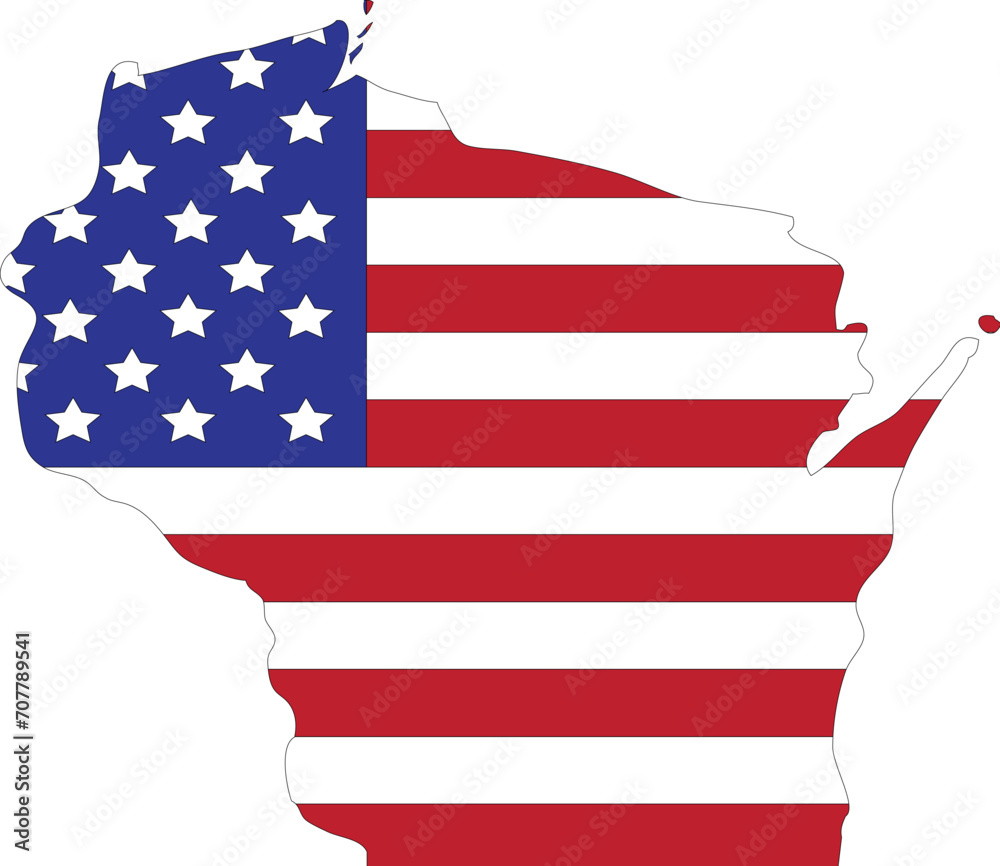 Map of US federal state of Wisconsin with the flag of the United States of America Map of US federal state of Wisconsin with the flag of the United States of America