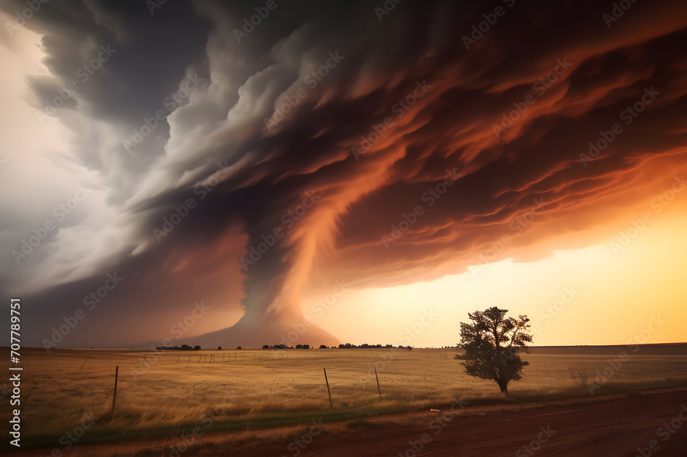 Storm over the country road, dramatic sky and tornado in the background