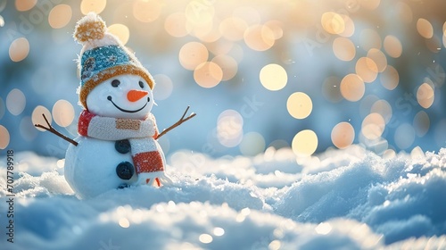Close-up of cute funny snowman with woolen hat and scarf, little happy snowman. Created with Generative Ai technology.