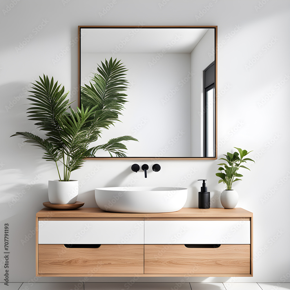 mirror-with-a-wooden-frame-mounted-on-a-white-wall-above-a-washstand-complemented-by-a-wooden-drawer mirror-with-a-wooden-frame-mounted-on-a-white-wall-above-a-washstand-complemented-by-a-wooden-drawer