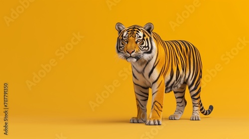 A cute tiger stands on a simple background.