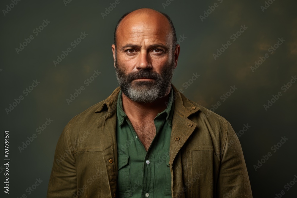 Portrait of a bearded man in a green jacket on a dark background. Portrait of a bearded man in a green jacket on a dark background.