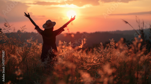 Silhouette photo of one woman standing in outdoor grasses field raising two hands in the air showing freedom relax emotion at twilight time with beautiful sunset. #707791587