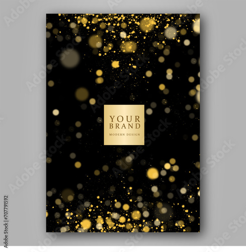 Gold glittering stars dust and bokeh background. Abstract christmas glow light texture. layout for business background, certificate, brochure template