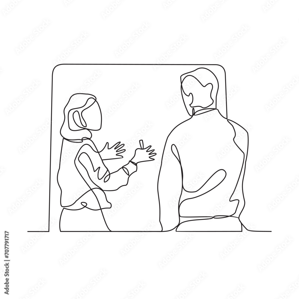 One continuous line drawing of someone presenting in front of an audience vector illustration. Suitable design concept for businessman or business woman presentation their business with linear style. One continuous line drawing of someone presenting in front of an audience vector illustration. Suitable design concept for businessman or business woman presentation their business with linear style.
