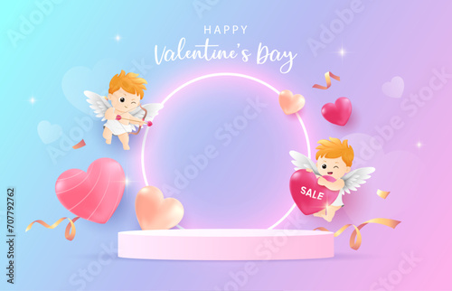 Happy Valentine’s Day neon background with cupid angels, love heart, podium and gradient blue pink background. Promotion and shopping template for love and valentine’s day concept.