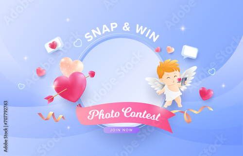 Happy Valentine’s Day snap and win photo contest background with cupid angel with smartphone, love heart and gradient blue background. Promotion and shopping template for love and valentine’s day conc