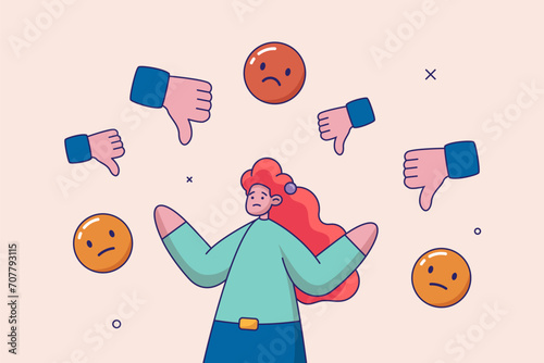Business mistake or problem concept. Response to negative feedback, dislike or bad customer review rating, handle complaint, satisfaction or angry opinion, businesswoman response to negative feedback.