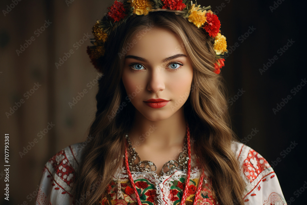 Fototapeta premium AI generated portrait of a european slavic woman dressed in traditional clothing