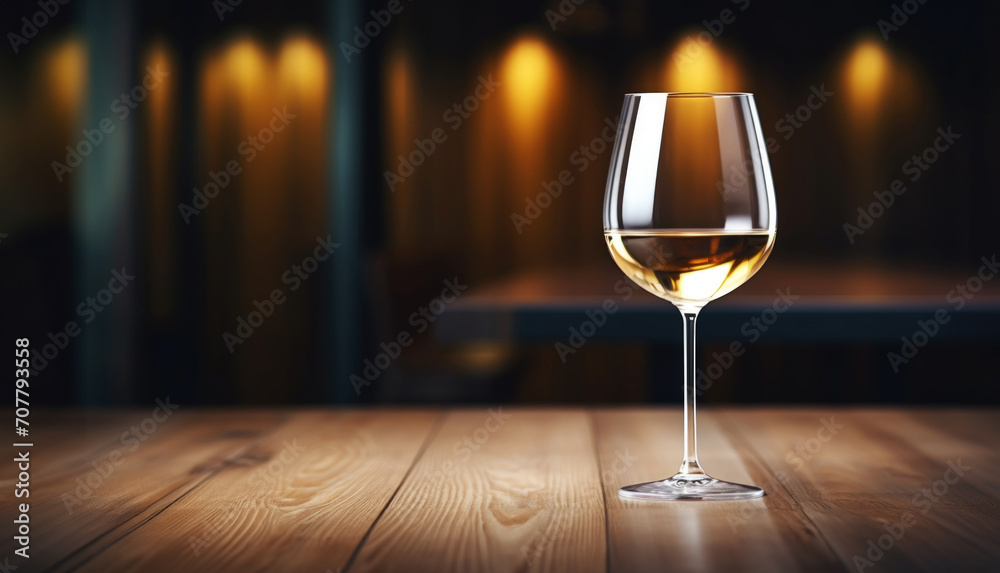 Elegant glass of white wine on blurred bar background. Wine industry concept. Generative AI Elegant glass of white wine on blurred bar background. Wine industry concept. Generative AI