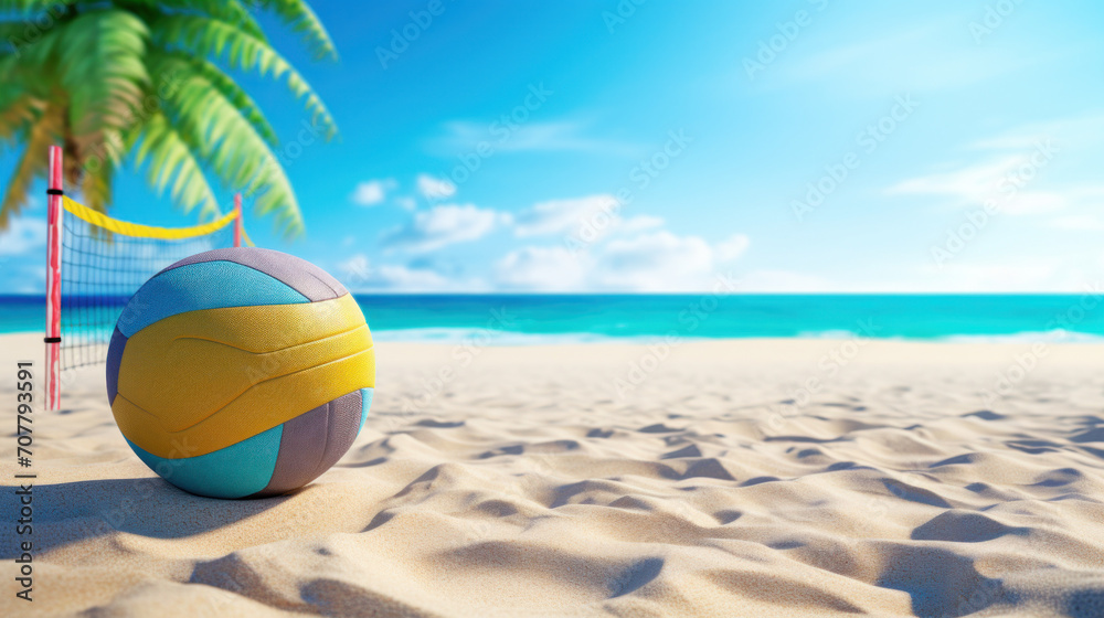 Colorful Volleyball on Sunny Beach With Net