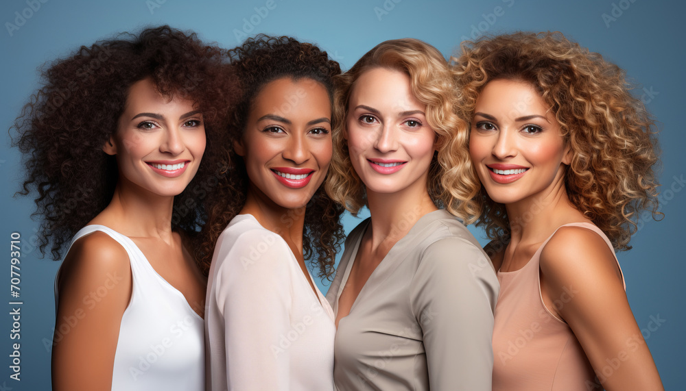 Obraz premium portrait of smiling women of different races and nationalities on a blue background