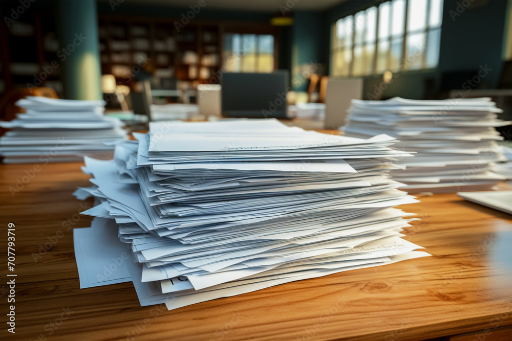 There is a huge pile of office documents, papers and folders on the desktop, symbolizing a large amount of work and processing. There is a huge pile of office documents, papers and folders on the desktop, symbolizing a large amount of work and processing.