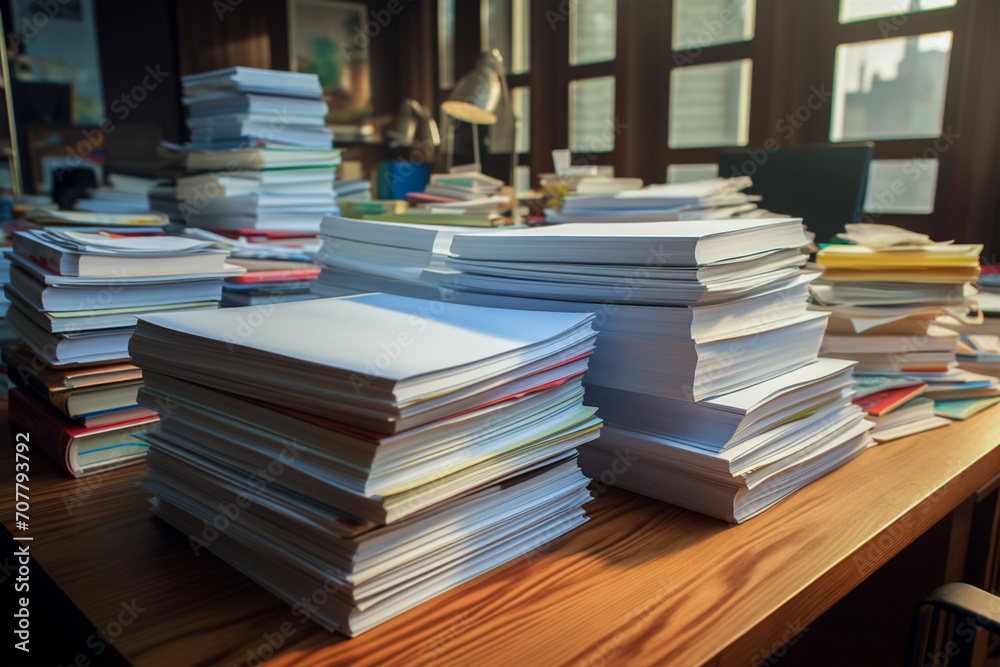 A large stack of office paper, files and folders on the desk represents a lot of work and recycling. A large stack of office paper, files and folders on the desk represents a lot of work and recycling.