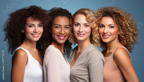 portrait of smiling women of different races and nationalities on a blue background