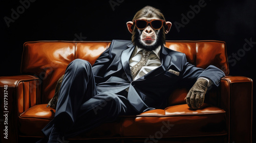 Chimpanzee in Suit Adjusting Sunglasses on Leather Armchair