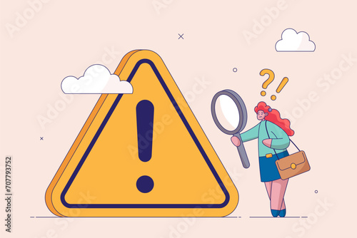 Critical failure concept. Incident management, root cause analysis or solving problem, identify risk, businesswoman with magnifier monitor and investigate incident with exclamation attention sign.