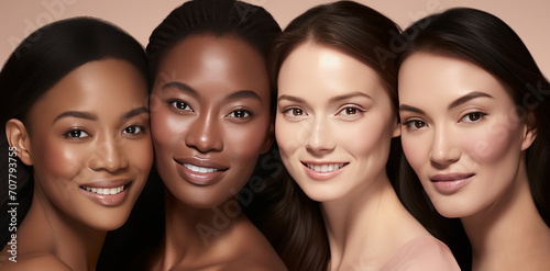 Portrait of smiling women of different races, dark and light skin on a plain background