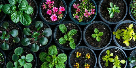 flower seedlings in plastic plant pots with young sprouts. top view