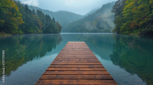 a wooden dock to calm lake , seamless looping 4K animation video background photo