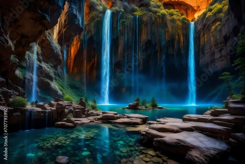 Within an astral canyon  the cliffs are adorned with cascading waterfalls of shimmering stardust.  