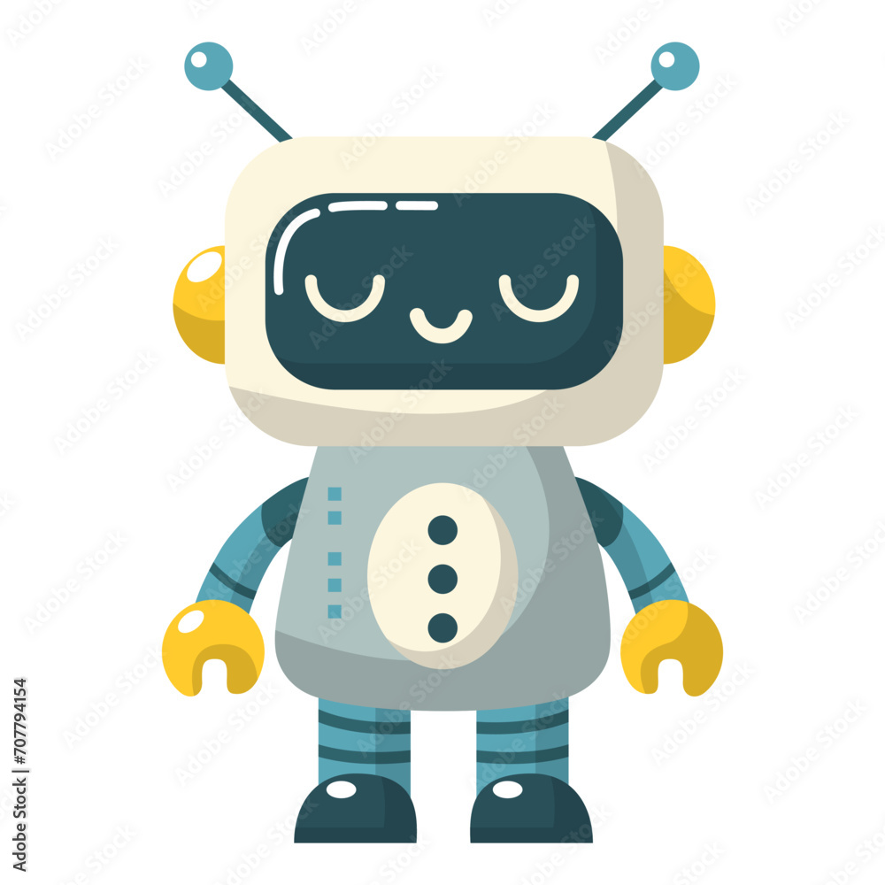 Cheerful funny cartoon children's robot. Cute cyborg, futuristic modern bot, android, smiling character in flat vector illustration isolated on white background. Science technology concept.