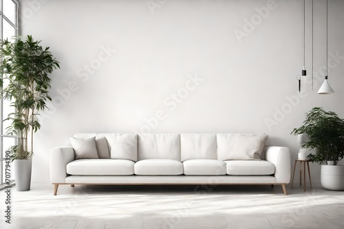 white sofa against window near white wall with stone texture poster. Minimalist interior design of modern living room 