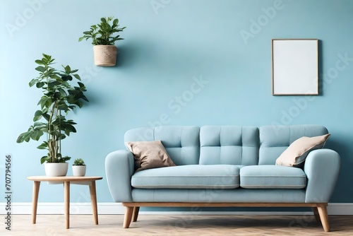 sofa, side table with potted plant against light blue wall with copy space. Scandinavian home interior design of modern living room. 