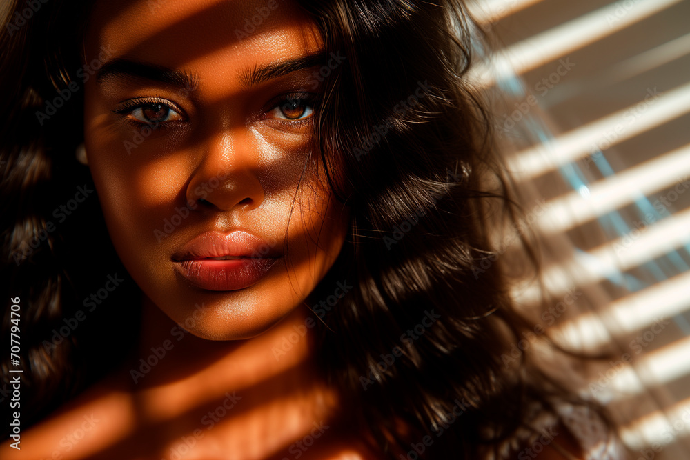 a woman with complete long hair and off shoulder clothing, simple shadow casting on her face with a pattern, line pattern a woman with complete long hair and off shoulder clothing, simple shadow casting on her face with a pattern, line pattern