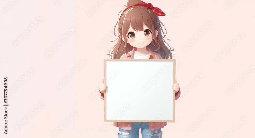 anime girl holding a blank board, soft pink background anime girl holding a blank board, soft pink background