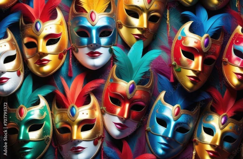 Bright multi-colored carnival masks with feathers. Bright multi-colored carnival masks with feathers.