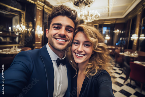 Happy smiling couple taking selfie in a luxury restaurant