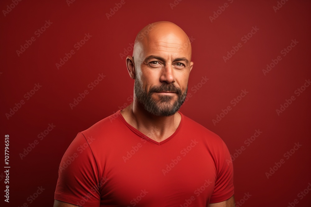 Portrait of a bald man with a beard on a red background.