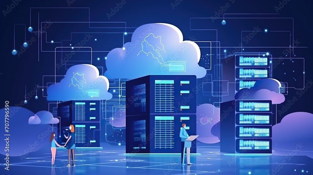 cloud synchronization server center data protection ,Modern cloud technology and network concept.internet data service. Web cloud technology business. network and database, internet center, - obrazy, fototapety, plakaty 