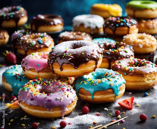 Stack of assorted donuts on colorful background. Color glazed donut with sprinkles. Copy space. © Irina